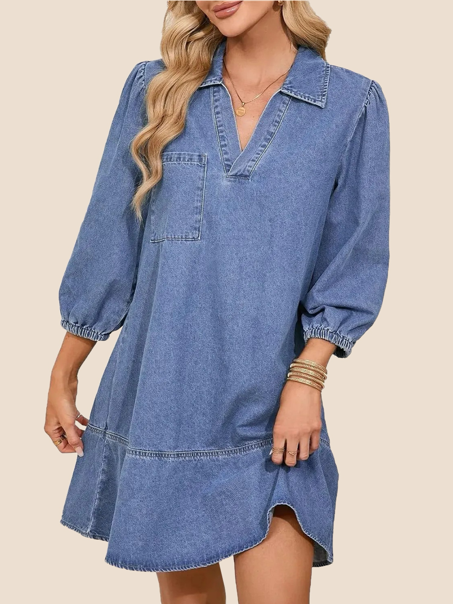 Women's V-Neck Puff Sleeve Denim Layered Dress (Buy 2 Free Shipping)