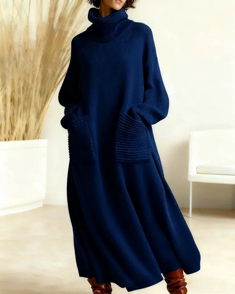 Casual Turtleneck Loose Knit Dress with Pockets