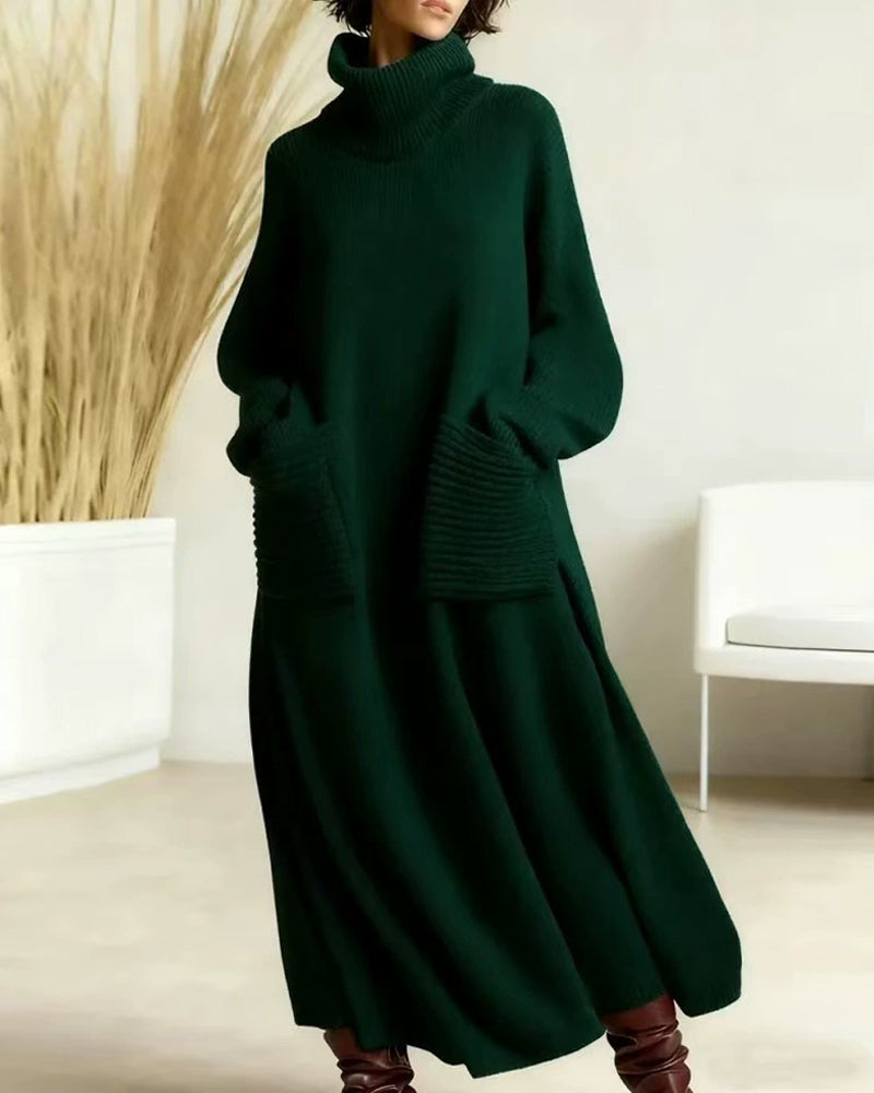 Casual Turtleneck Loose Knit Dress with Pockets