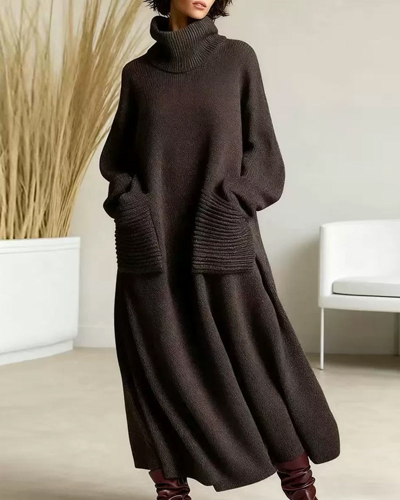 Casual Turtleneck Loose Knit Dress with Pockets