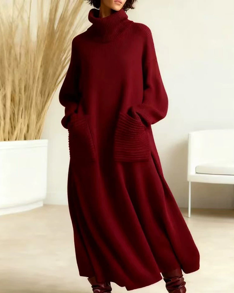 Casual Turtleneck Loose Knit Dress with Pockets