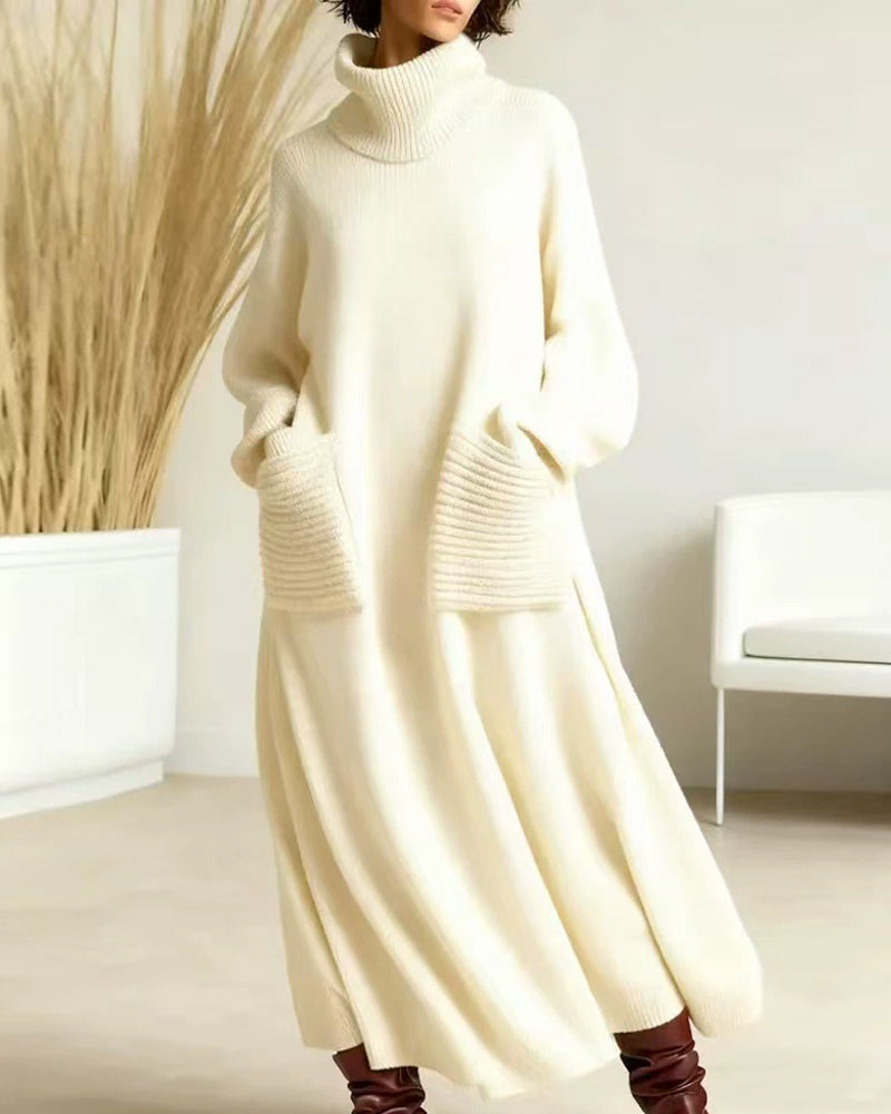 Casual Turtleneck Loose Knit Dress with Pockets